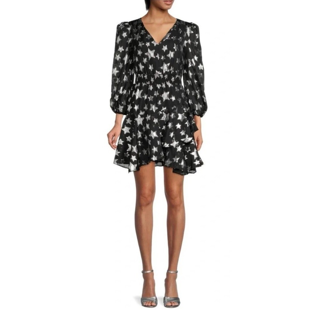 Sam Edelman Womens 6 Black Silver Metallic Star Print Mini Dress V Neck